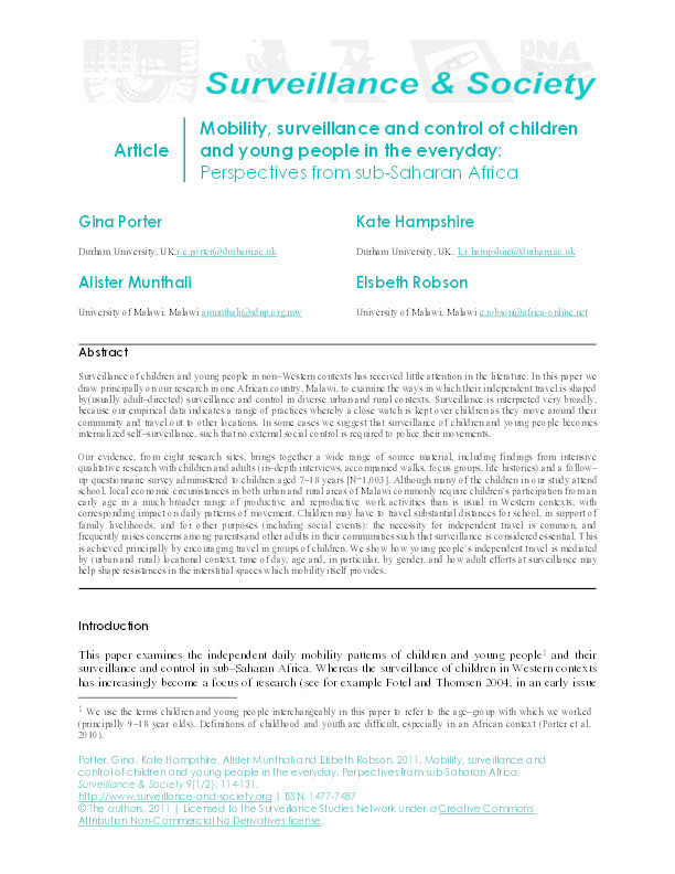Mobility, surveillance and control of children and young people in the everyday: perspectives from sub-Saharan Africa Thumbnail