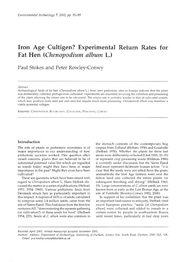 Iron Age cultigen?: experimental return rates for fat hen (Chenopodium album L.) Thumbnail