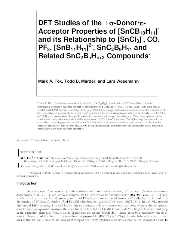DFT studies of the σ-donor/π-acceptor properties of [SnCB10H11]– and its relationship to [SnCl3]–, CO, PF3, [SnB11H11]2–, SnC2B9H11, and related SnC2BnHn+2 compounds Thumbnail