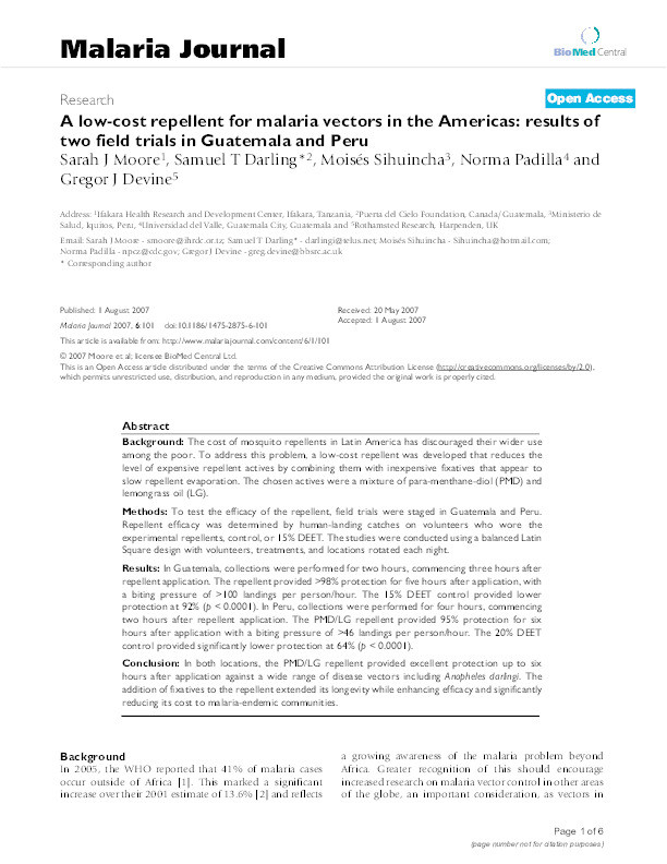 A low-cost repellent for malaria vectors in the Americas: results of two field trials in Guatemala and Peru Thumbnail