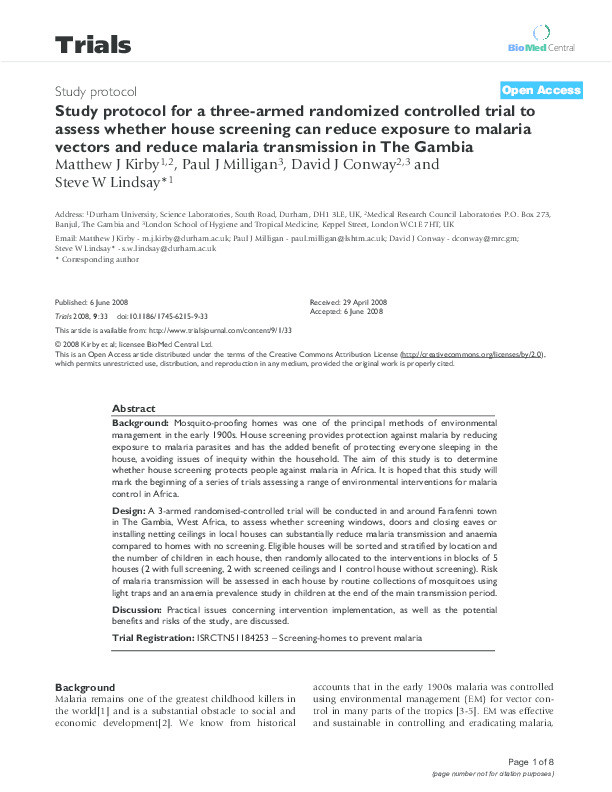 Study protocol for a three-armed randomized controlled trial to assess whether house screening can reduce exposure to malaria vectors and reduce malaria transmission in The Gambia Thumbnail