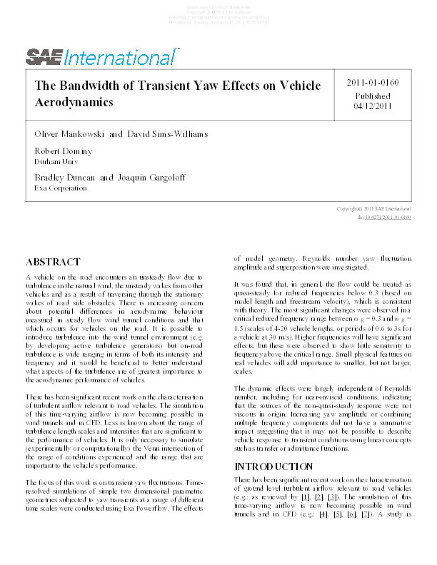 The Bandwidth of Transient Yaw Effects on Vehicle Aerodynamics Thumbnail