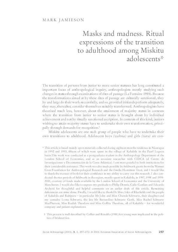 Masks and madness: ritual expression of the transition to adulthood among Miskitu adolescents Thumbnail