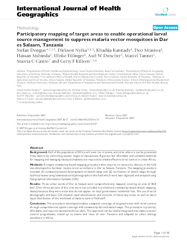 Participatory mapping of target areas to enable operational larval source management to suppress malaria vector mosquitoes in Dar es Salaam, Tanzania Thumbnail