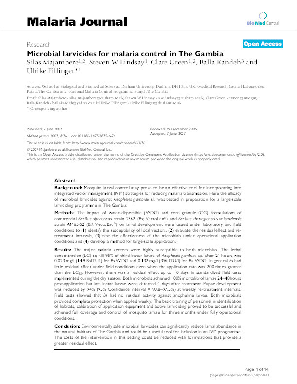 Microbial larvicides for malaria control in The Gambia Thumbnail