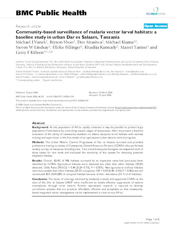 Community-based surveillance of malaria vector larval habitats: a baseline study in urban Dar es Salaam, Tanzania Thumbnail