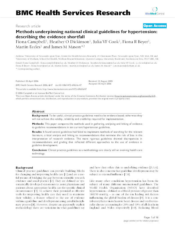 Methods underpinning national clinical guidelines for hypertension: describing the evidence shortfall Thumbnail