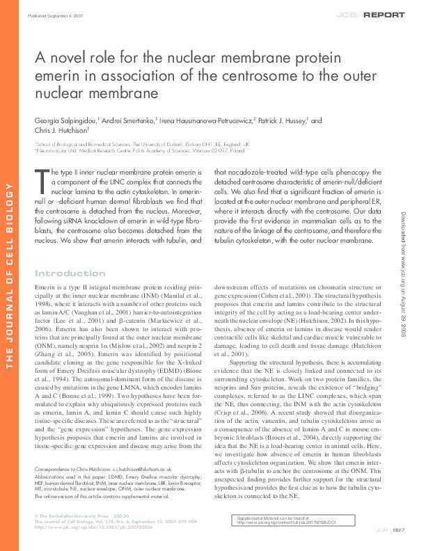 A novel role for the nuclear membrane protein emerin in association of the centrosome to the outer nuclear membrane Thumbnail