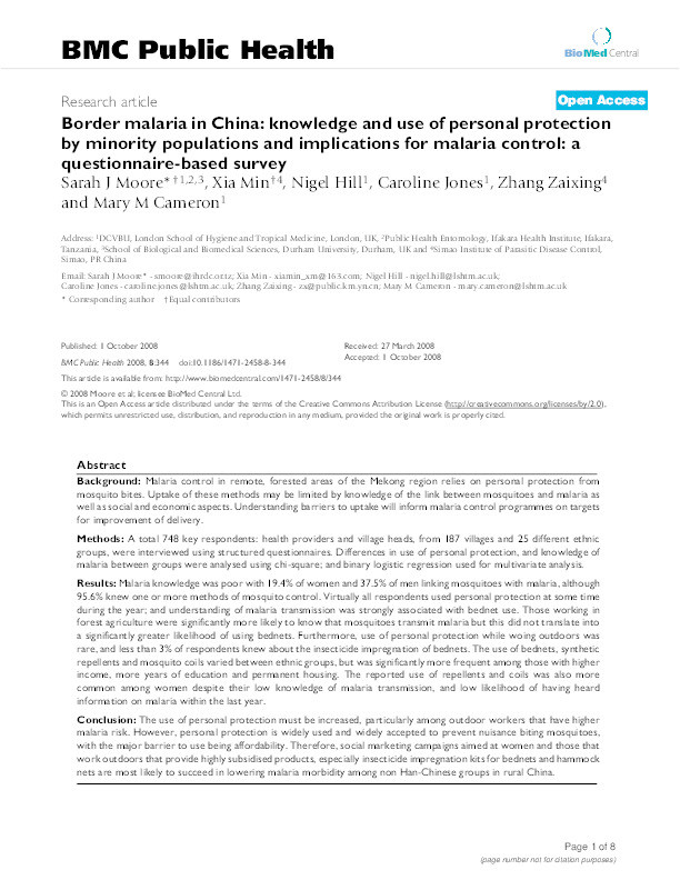 Border malaria in China: knowledge and use of personal protection by minority populations and implications for malaria control: a questionnaire-based survey Thumbnail
