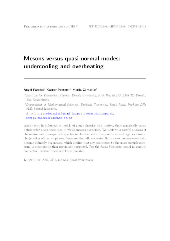 Mesons versus quasi-normal modes: Undercooling and overheating Thumbnail