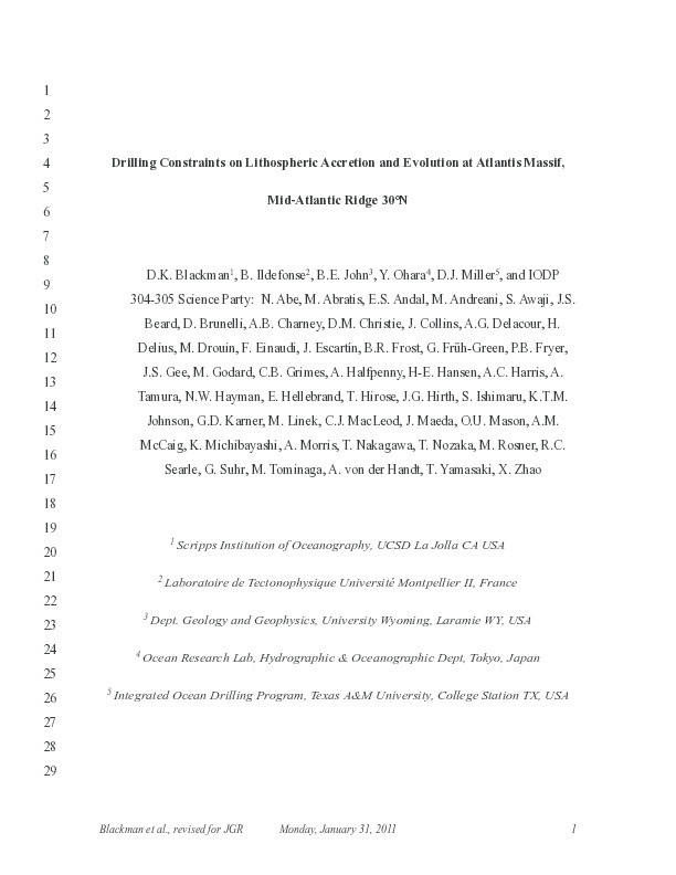 Drilling constraints on lithospheric accretion and evolution at Atlantis Massif, Mid-Atlantic Ridge 30°N Thumbnail