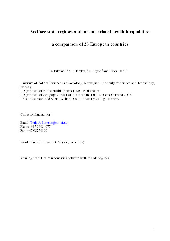 Welfare state regimes and income related health inequalities: a comparison of 23 European countries Thumbnail