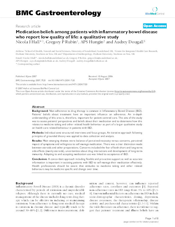 Medication beliefs among patients with inflammatory bowel disease who report low quality of life: a qualitative study Thumbnail