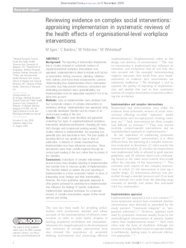 Reviewing evidence on complex social interventions: appraising implementation in systematic reviews of the health effects of organisational-level workplace interventions Thumbnail