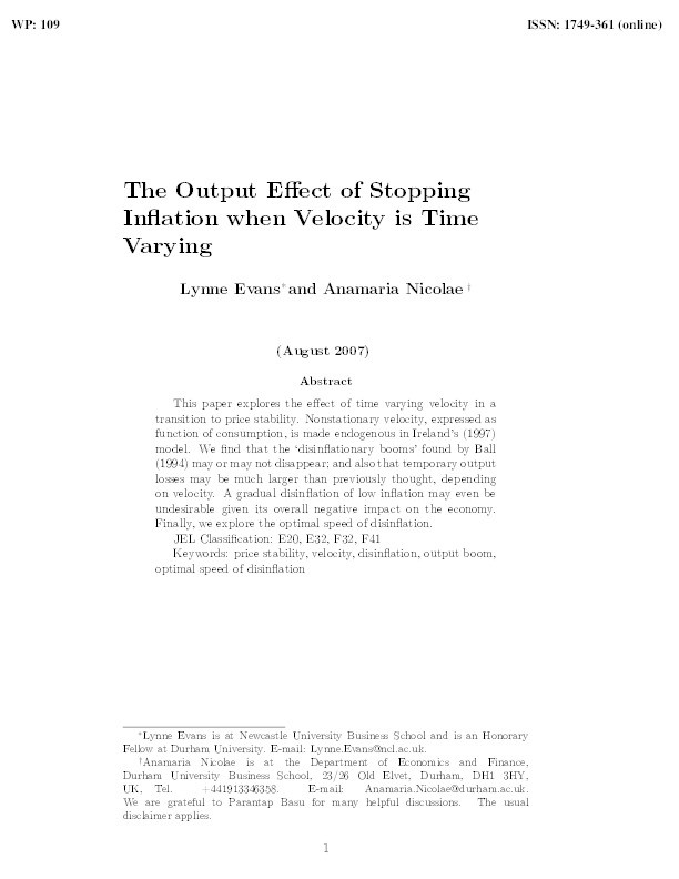 The output effect of stopping inflation when velocity is time varying Thumbnail