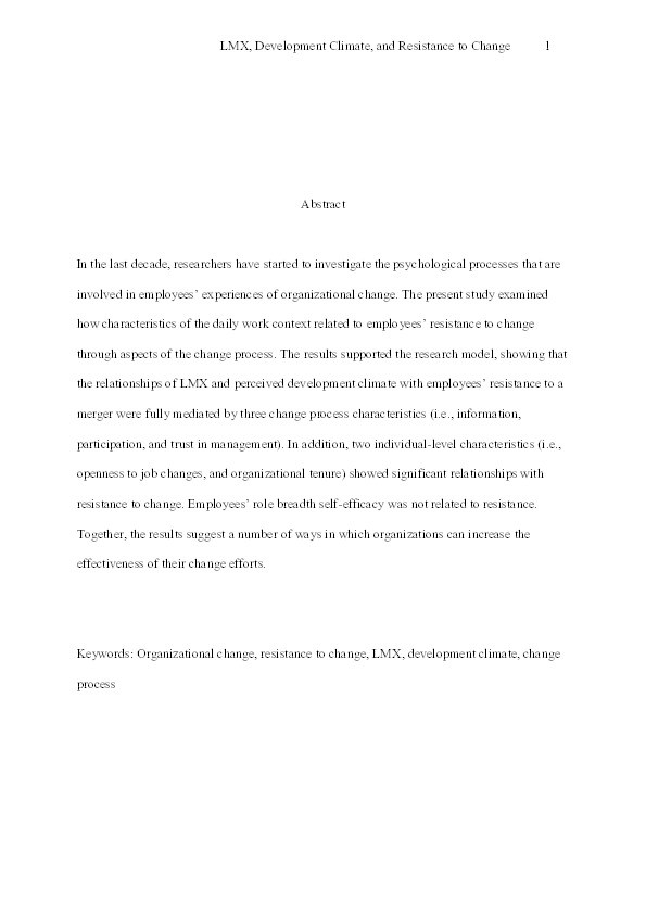 Daily Work Contexts and Resistance to Organisational Change: The Role of Leader-Member Exchange, Development Climate, and Change Process Characteristics Thumbnail