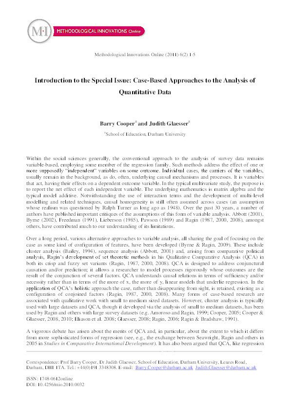 Introduction to the Special Issue: Case-Based Approaches to the Analysis of Quantitative Data Thumbnail