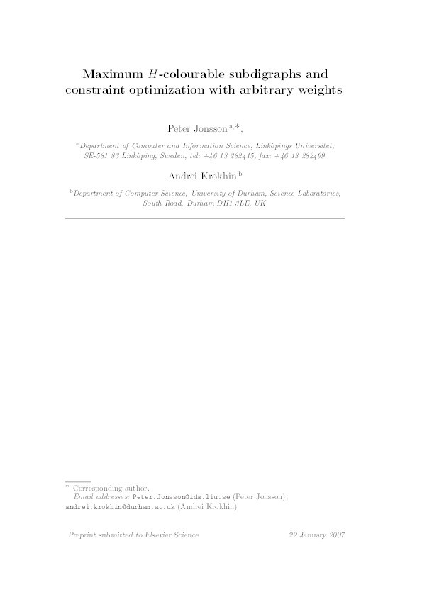 Maximum H-colourable subdigraphs and constraint optimization with arbitrary weights Thumbnail