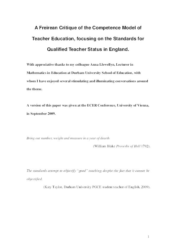 A Freirean critique of the competence model of teacher education, focusing on the standards for qualified teacher status in England Thumbnail