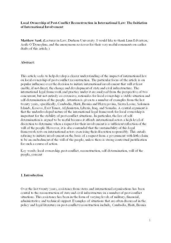 Local Ownership of Post-Conflict Reconstruction in International Law: The Initiation of International Involvement Thumbnail