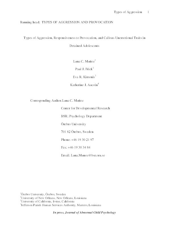 Types of aggression, responsiveness to provocation and callous-unemotional traits in detained adolescents Thumbnail