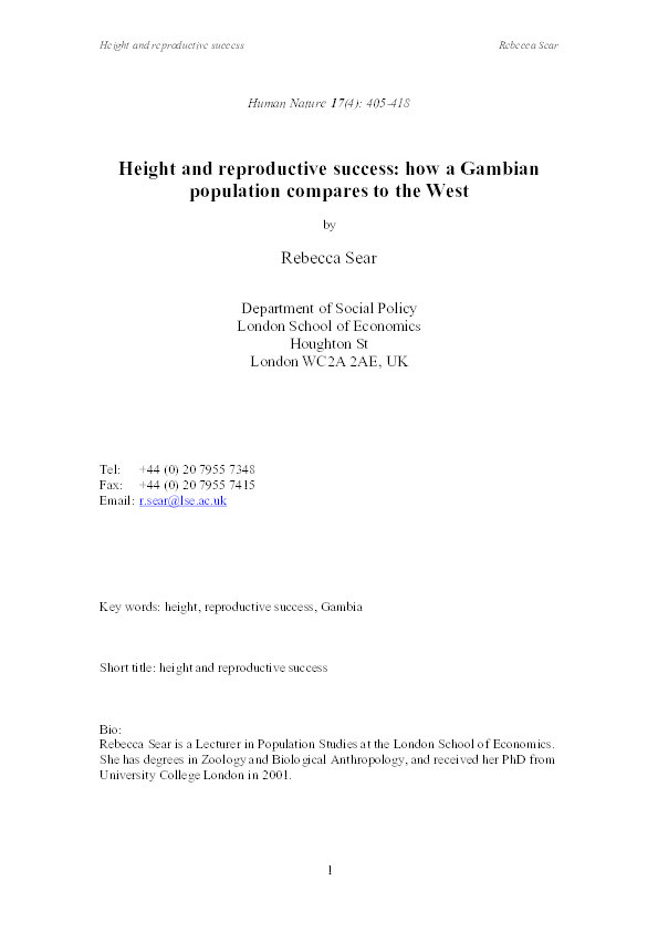 Height and reproductive success: how a Gambian population compares to the West Thumbnail