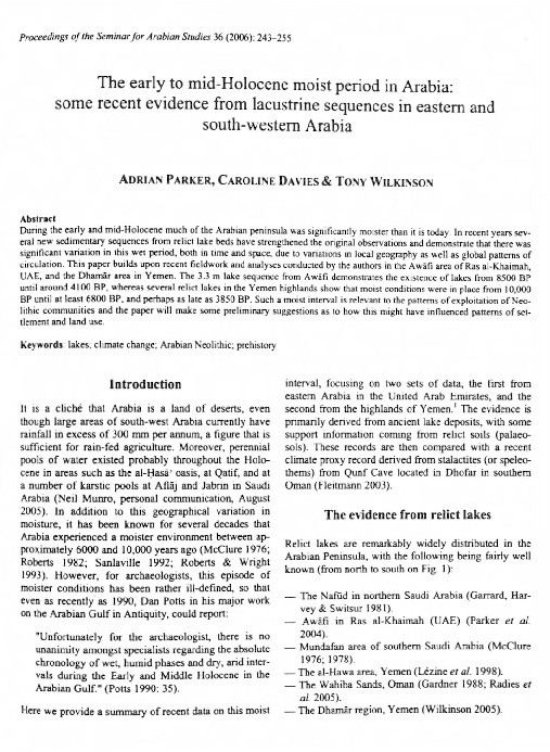 The early to mid-Holocene moist period in Arabia: some recent evidence from lacustrine sequences in eastern and south-western Arabia Thumbnail