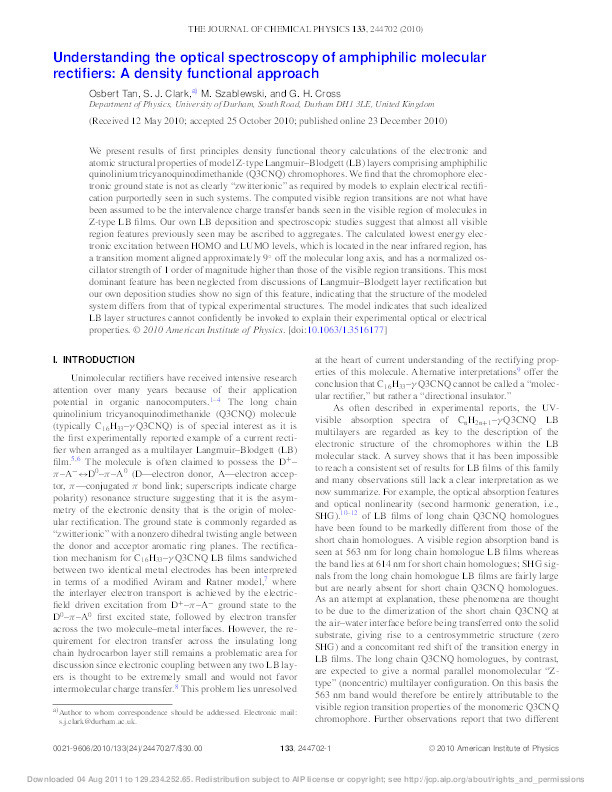 Understanding the optical spectroscopy of amphiphilic molecular rectifiers: A density functional approach Thumbnail