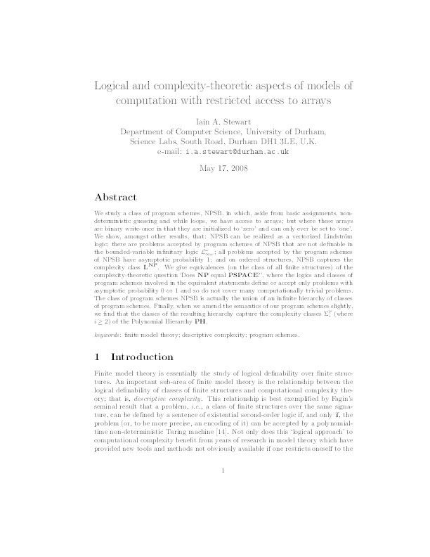 Logical and complexity-theoretic aspects of models of computation with restricted access to arrays Thumbnail