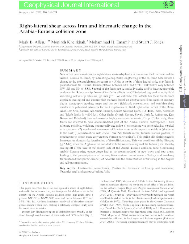 Right-lateral shear across Iran and kinematic change in the Arabia–Eurasia collision zone Thumbnail