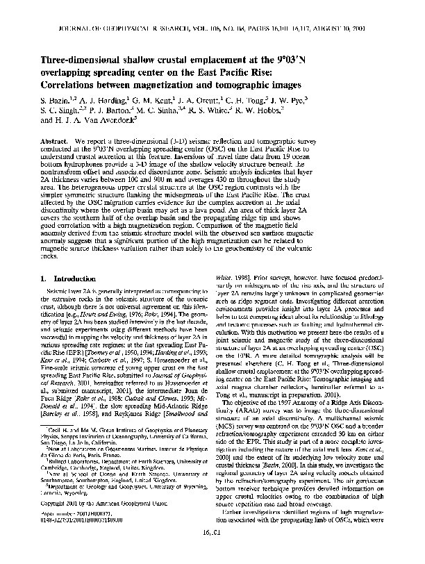 Three-dimensional shallow crustal emplacement at the 9°03′N overlapping spreading center on the East Pacific Rise: Correlations between magnetization and tomographic images Thumbnail