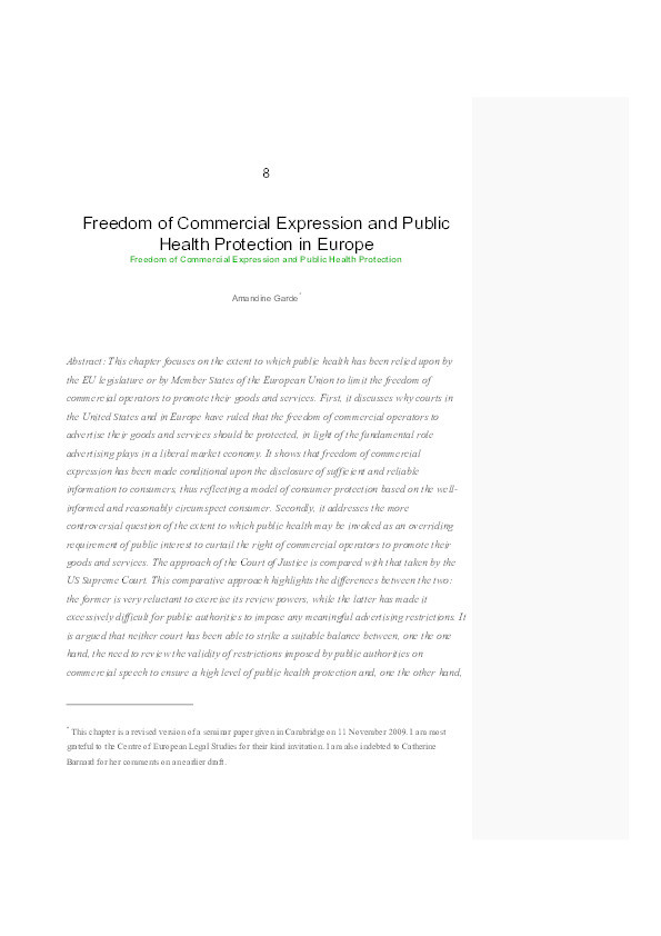 Freedom of Commercial Expression and the Public Health Protection in Europe Thumbnail