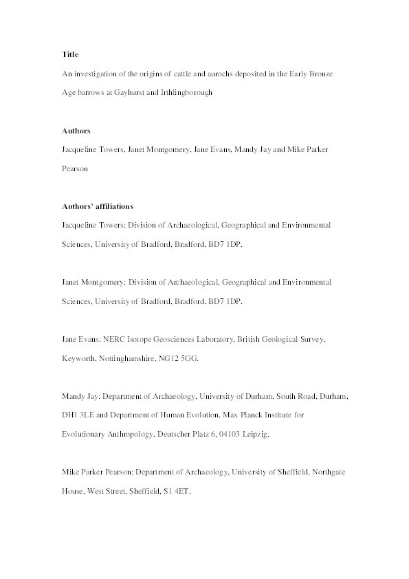 An investigation of the origins of cattle and aurochs deposited in the Early Bronze Age barrows at Gayhurst and Irthlingborough Thumbnail