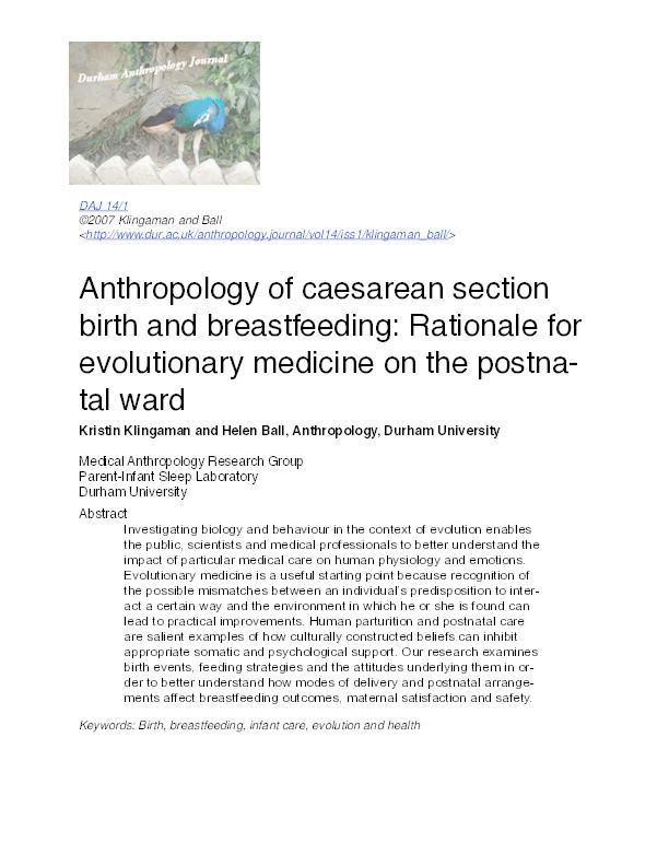 Anthropology of caesarean section birth and breastfeeding: Rationale for evolutionary medicine on the postnatal ward Thumbnail