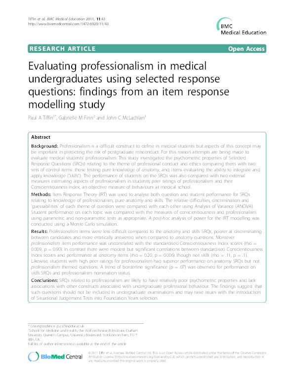 Evaluating professionalism in medical undergraduates using selected response questions: findings from an item response modelling study Thumbnail