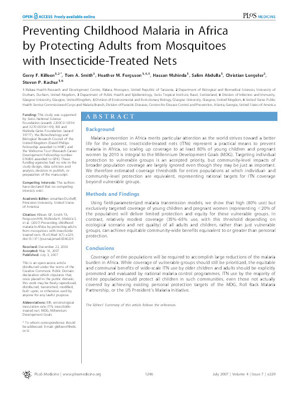 Preventing childhood malaria in Africa by protecting adults from mosquitoes with insecticide-treated nets Thumbnail