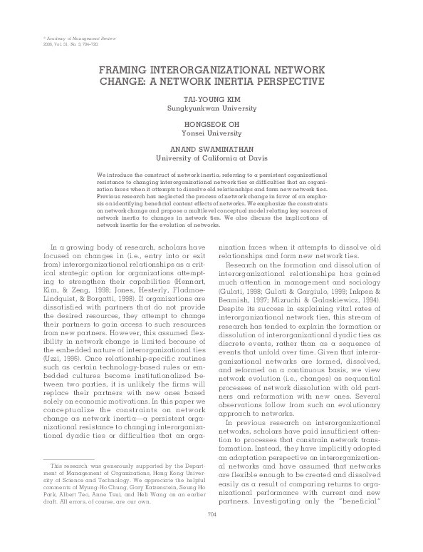 Framing interorganizational network change: A network inertia perspective Thumbnail