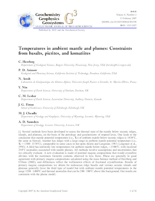 Temperatures in ambient mantle and plumes: Constraints from basalts, picrites, and komatiites Thumbnail
