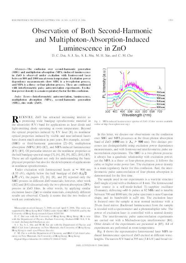 Observation of both second harmonic and multiphoton absorption induced luminescence in ZnO Thumbnail
