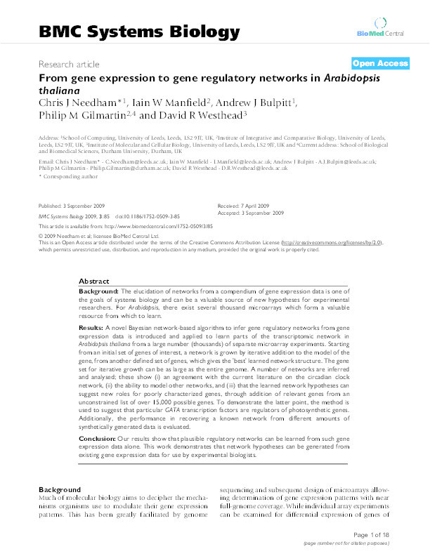 From gene expression to gene regulatory networks in Arabidopsis thaliana Thumbnail