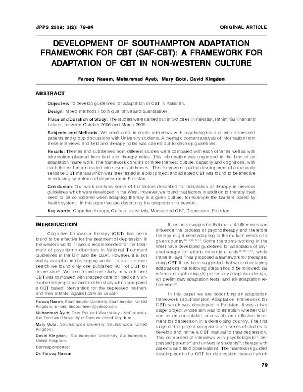 Development of Southampton Adaptation Framework for CBT (SAF-CBT): A Framework for Adaptation of CBT in Non-Western Culture Thumbnail