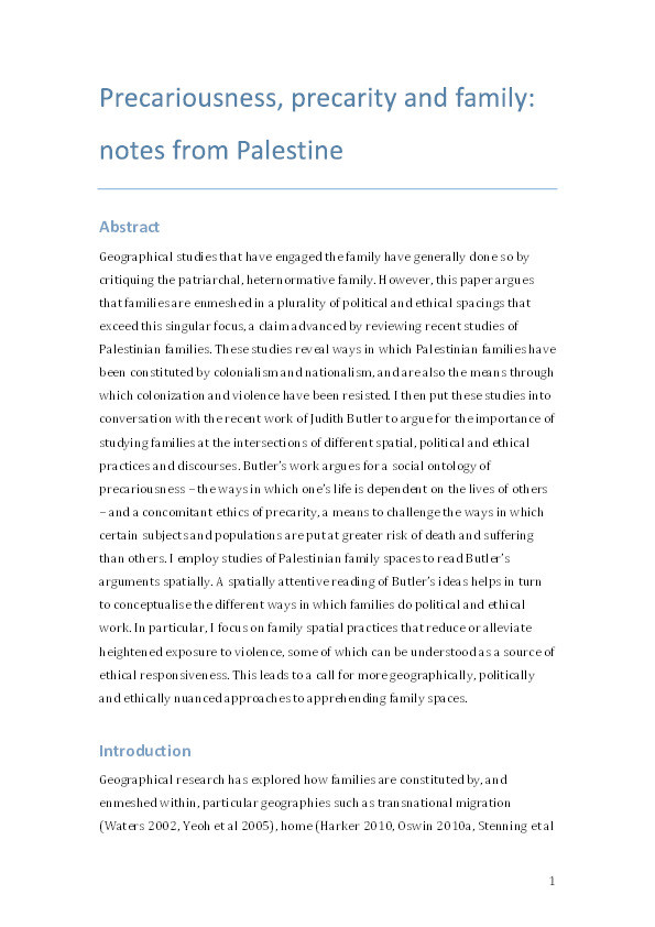 Precariousness, precarity and family: notes from Palestine Thumbnail