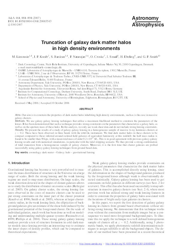 Truncation of galaxy dark matter halos in high density environments Thumbnail