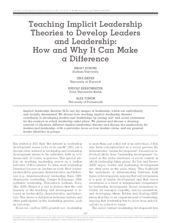 Teaching Implicit Leadership Theories to develop leaders and leadership – How and why it can make a difference Thumbnail