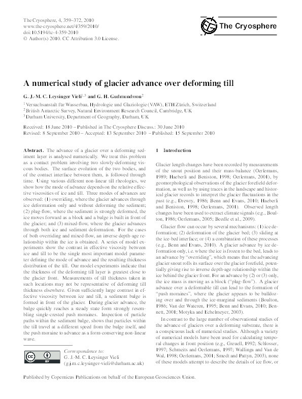 A numerical study of glacier advance over deforming till Thumbnail