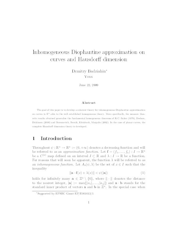 Inhomogeneous Diophantine approximation on curves and Hausdorff dimension Thumbnail