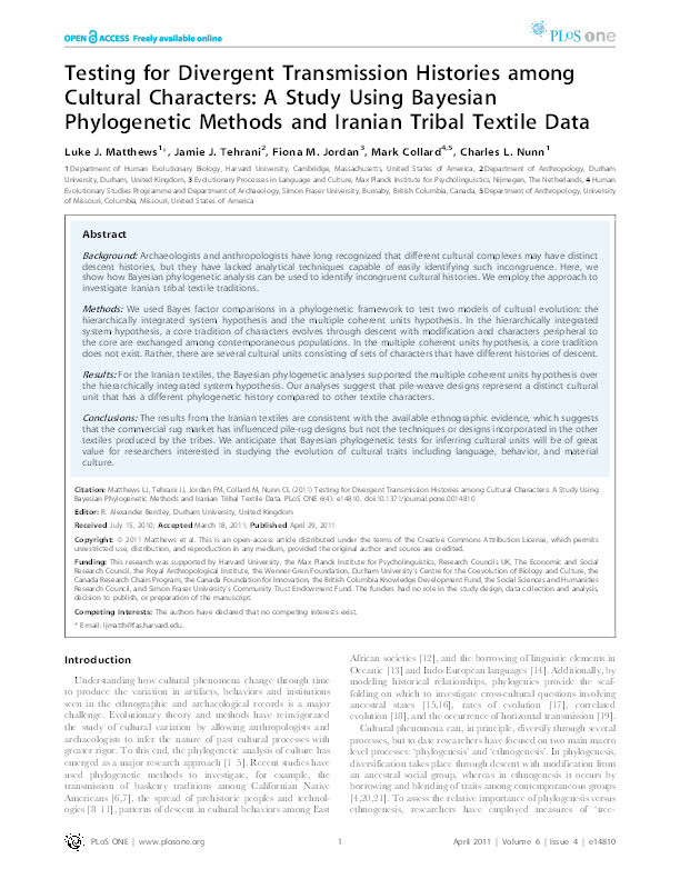 Testing for divergent transmission histories among cultural characters: a study using Bayesian phylogenetic methods and Iranian tribal textile data Thumbnail