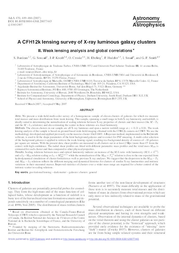 A CFH12k lensing survey of X-ray luminous galaxy clusters II : weak lensing analysis and global correlations Thumbnail