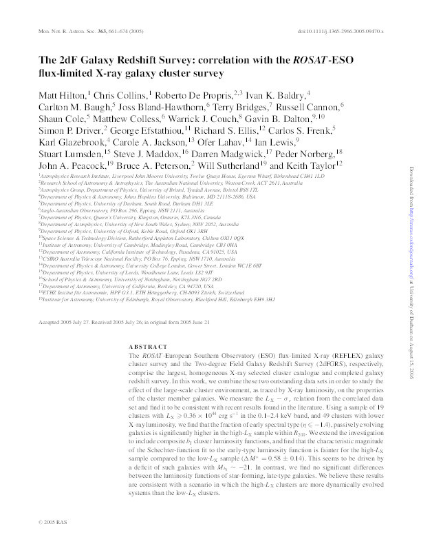 The 2dF Galaxy Redshift Survey: correlation with the ROSAT-ESO flux-limited X-ray galaxy cluster survey Thumbnail