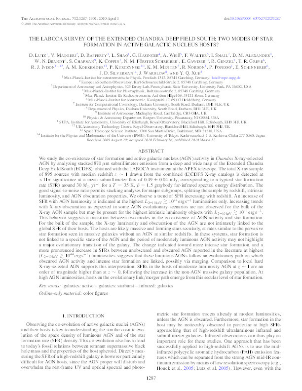 The LABOCA survey of the extended Chandra Deep Field South : two modes of star formation in active galactic nucleus hosts? Thumbnail